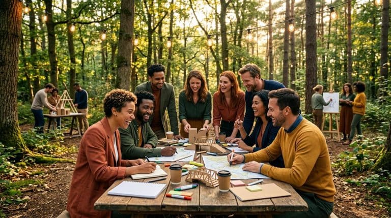Groupe de personnes collaborant autour d'une table en forêt