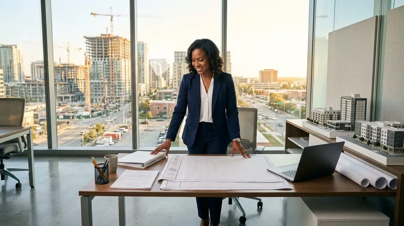 Femme en costume bleu travaillant à son bureau avec vue panoramique urbaine