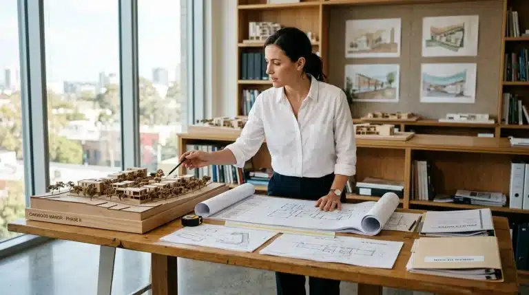 Femme architecte étudiant maquette et plans sur bureau