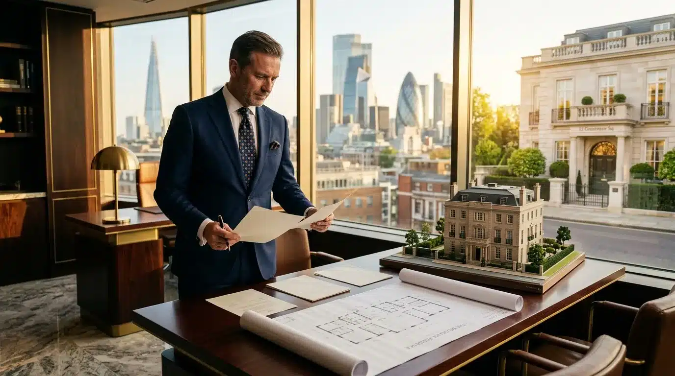 Homme en costume consultant des plans architecturaux avec maquette immobilière