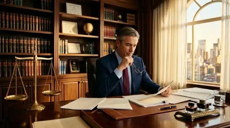 Homme en costume lisant des documents dans un bureau d'avocat luxueux