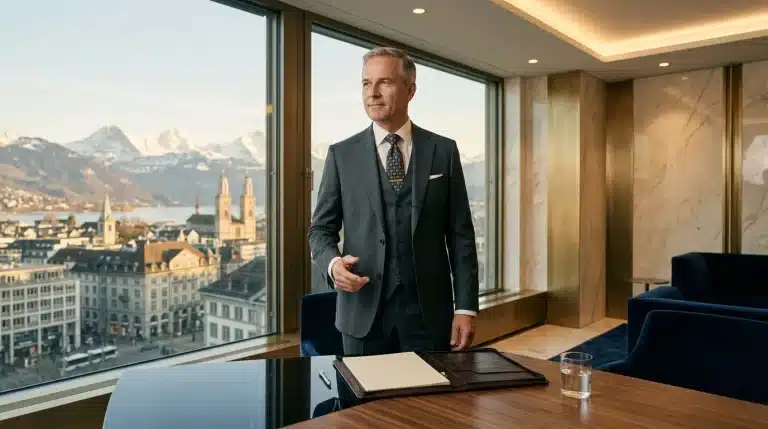 Homme d'affaires en costume dans bureau moderne avec vue panoramique