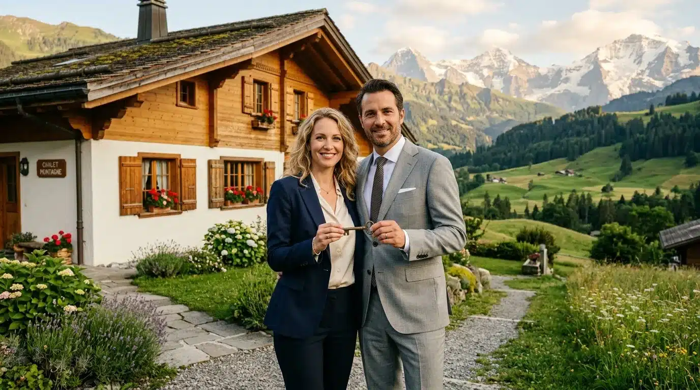 Deux agents immobiliers devant chalet alpin avec montagnes