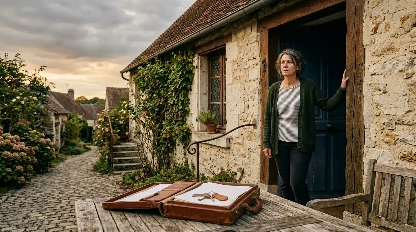 Femme devant maison pierre ancienne avec valise vintage