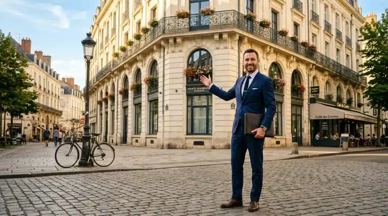 Homme en costume bleu posant devant immeuble haussmannien parisien