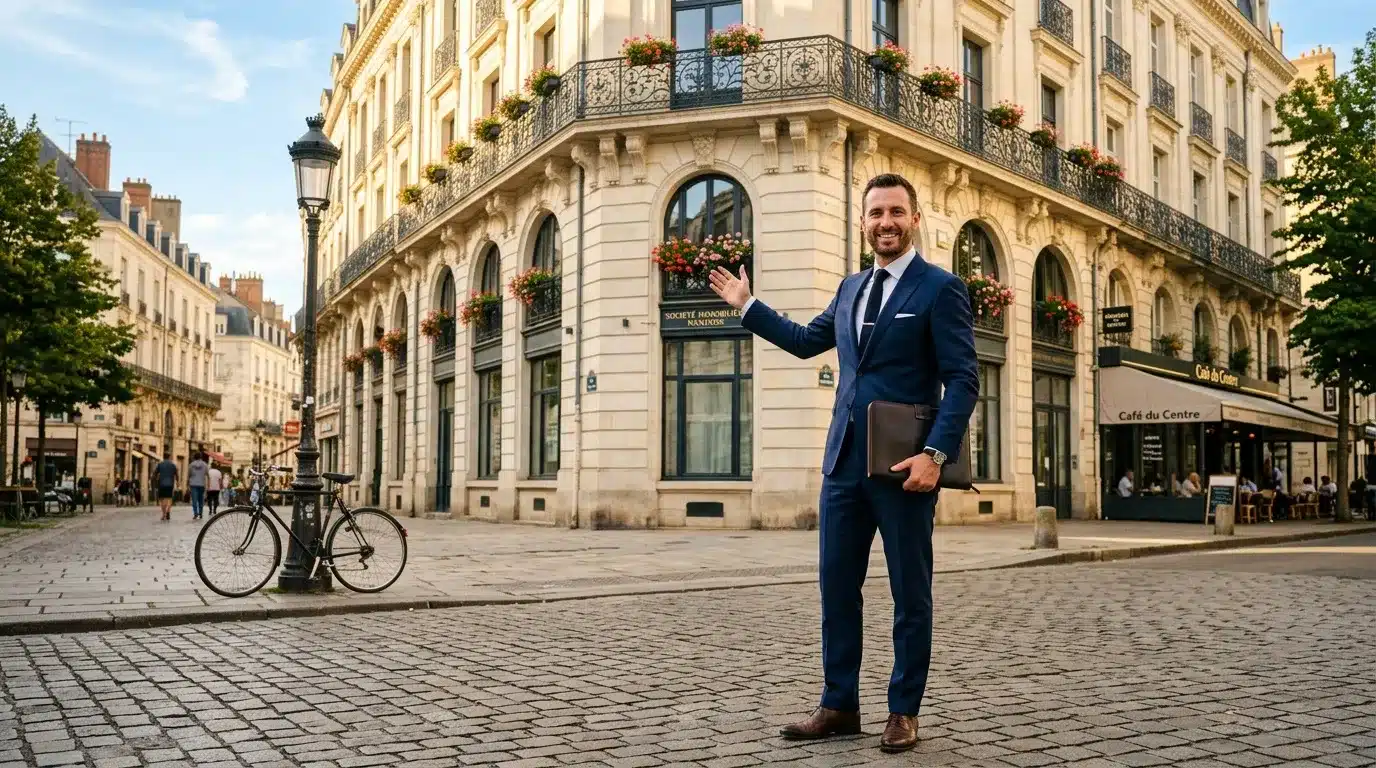 Homme en costume bleu posant devant immeuble haussmannien parisien