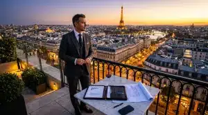 Businessman overlooking Paris with Eiffel Tower at sunset