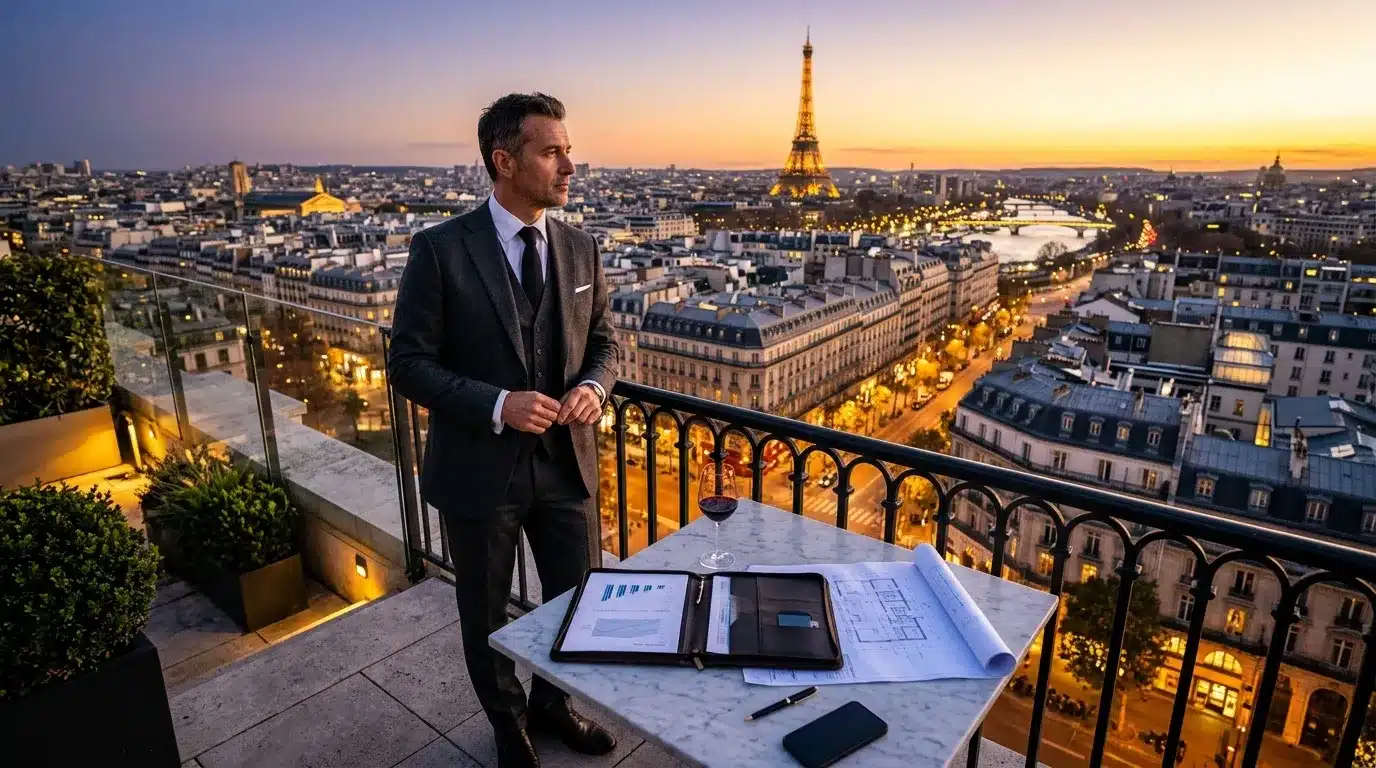Businessman overlooking Paris with Eiffel Tower at sunset