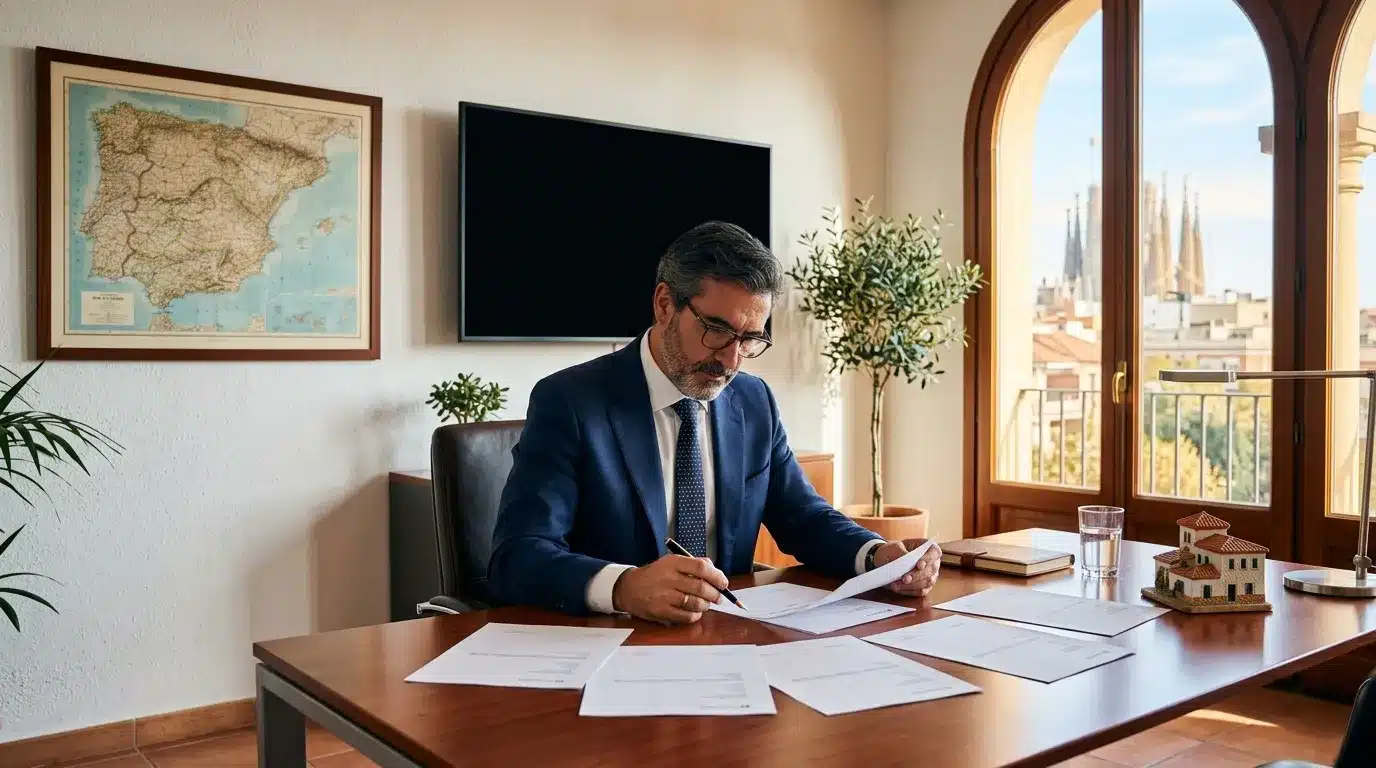 Homme en costume bleu signe des documents à son bureau