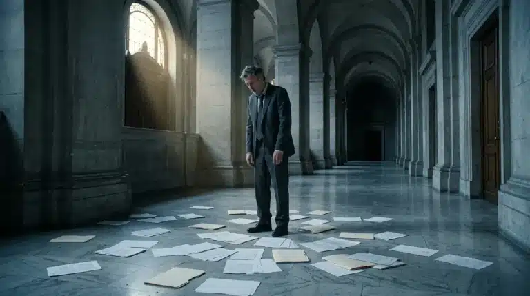 Homme en costume dans couloir avec documents éparpillés