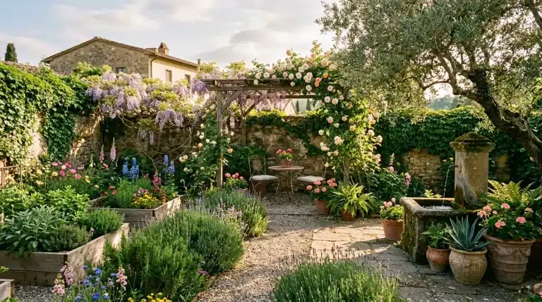 Jardin provençal avec pergola, fleurs et maison en pierre