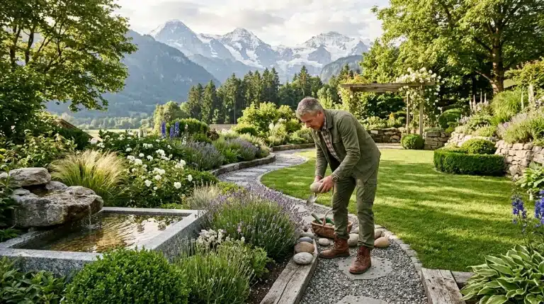 Homme jardine dans un jardin montagnard avec pics enneigés.