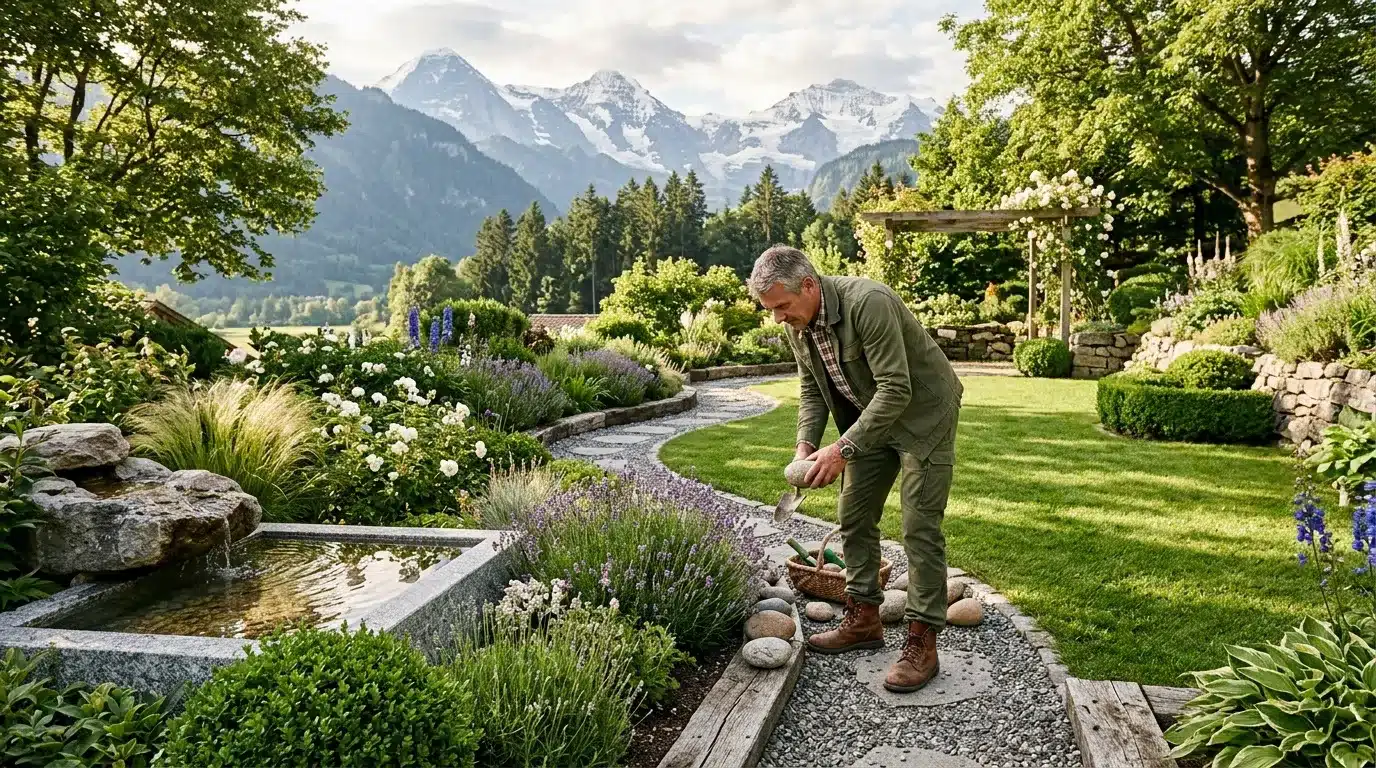 Homme jardine dans un jardin montagnard avec pics enneigés.