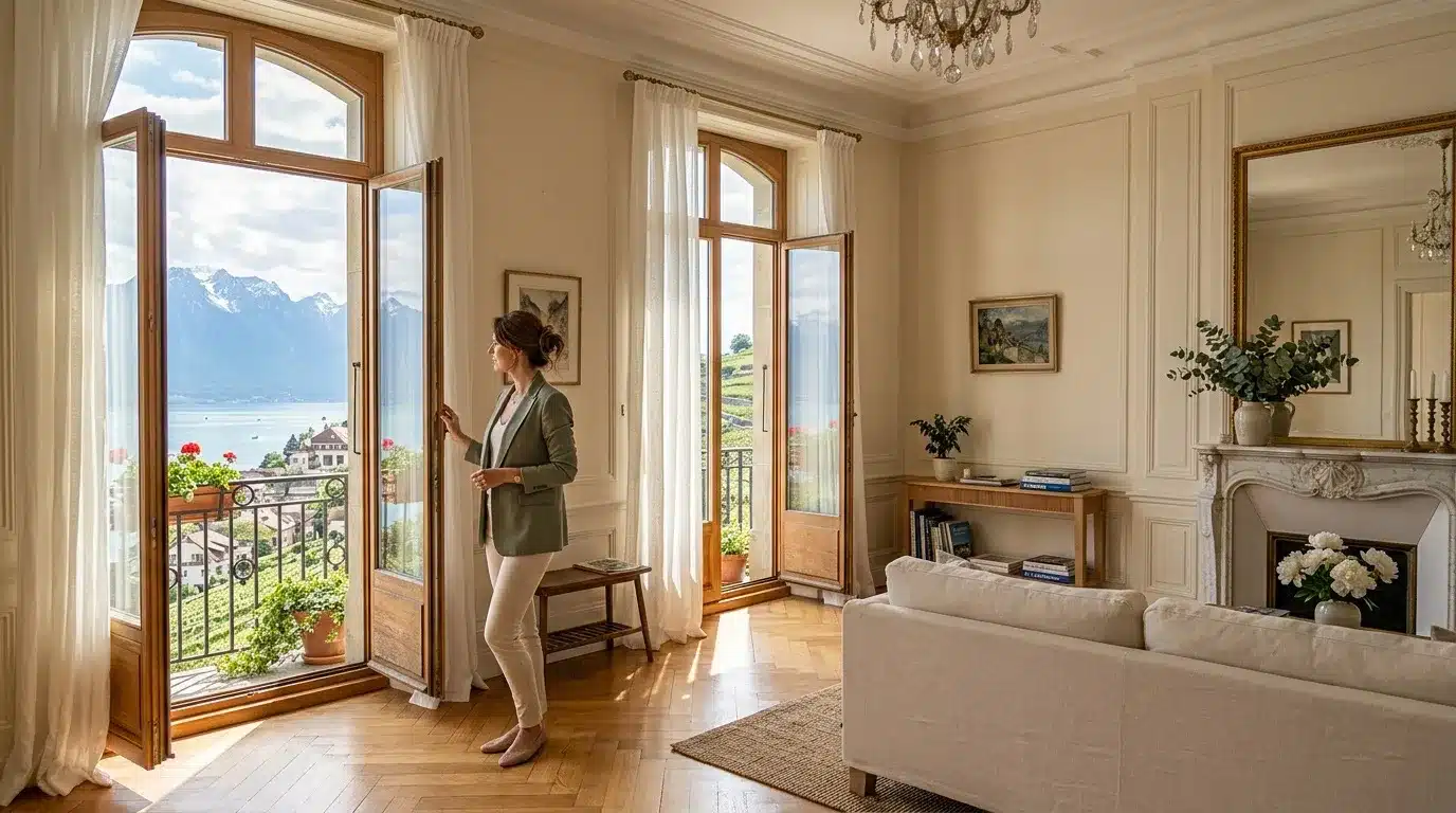 Femme dans salon luxueux surplombant lac et montagnes enneigées