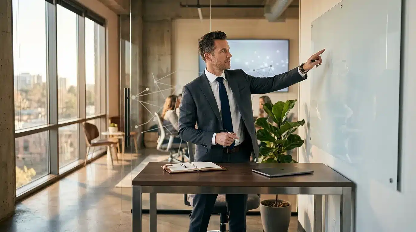 Homme d'affaires présentant devant tableau blanc au bureau