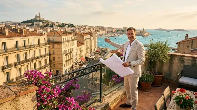 Homme présente plans sur terrasse avec vue Marseille