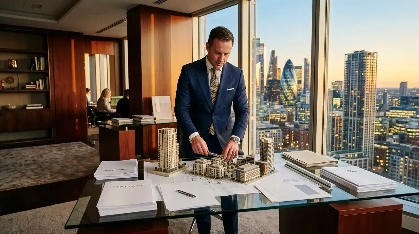 Homme d'affaires examine maquette architecturale gratte-ciel