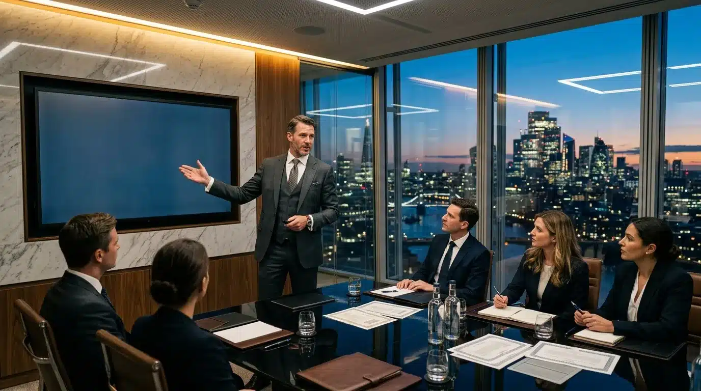Cinq professionnels en réunion dans une salle avec vue panoramique urbaine.