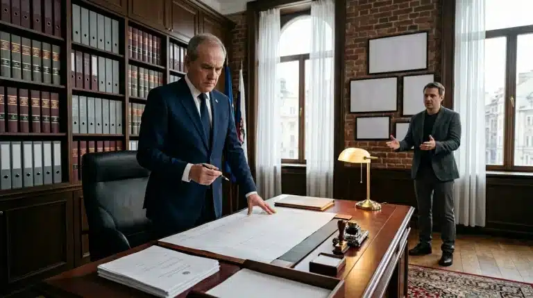 Homme en costume bleu examinant des documents dans un bureau avec bibliothèque