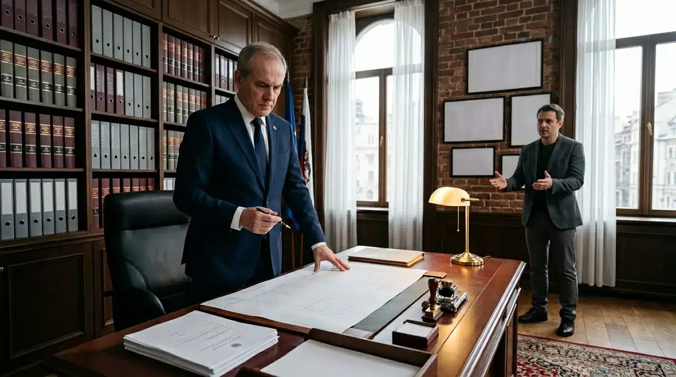Homme en costume bleu examinant des documents dans un bureau avec bibliothèque