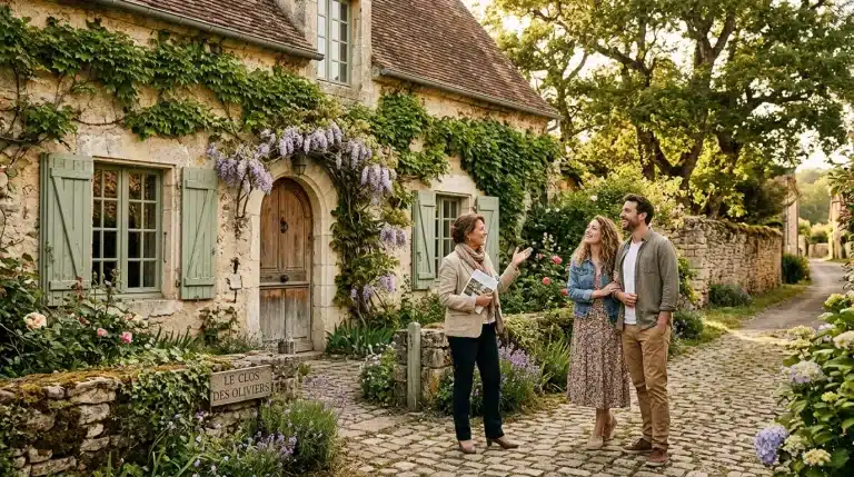 Femme guide présente maison ancienne à couple touristes