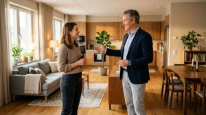 Homme en costume montre un appartement à une femme
