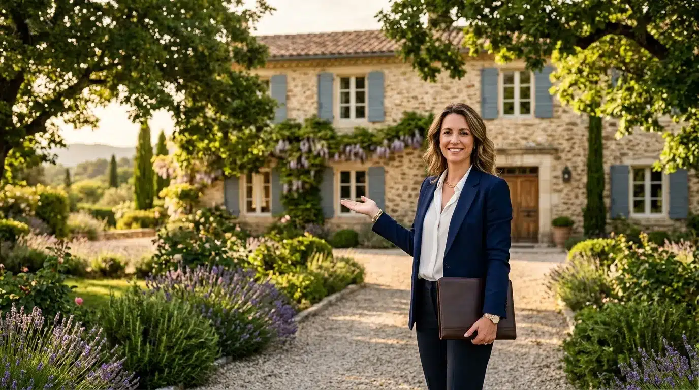 Femme en costume bleu devant maison pierre provençale