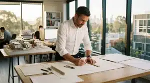 Homme en chemise blanche dessine plans architecturaux au bureau