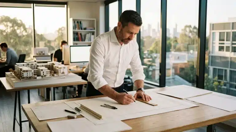 Homme en chemise blanche dessine plans architecturaux au bureau