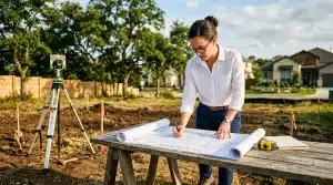 Femme surveyor consultant plans avec théodolite sur chantier