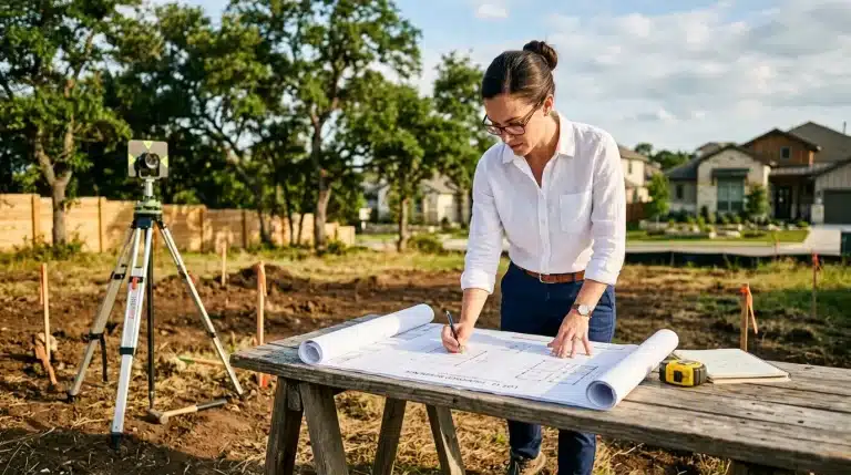 Femme surveyor consultant plans avec théodolite sur chantier