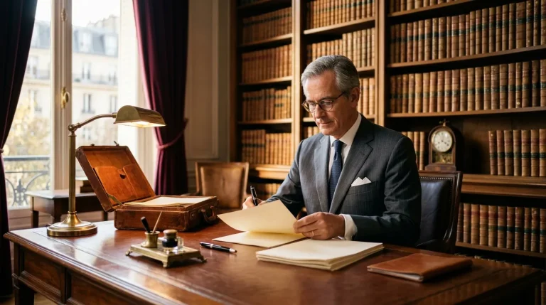 Homme en costume lisant des documents dans un bureau bibliothèque
