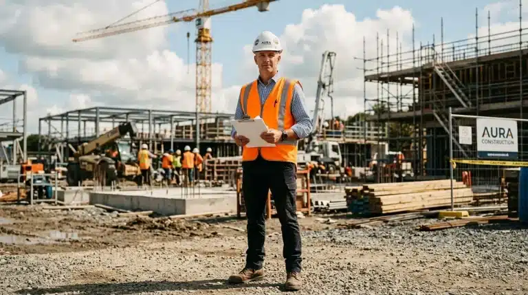 Homme en gilet orange supervisant un chantier de construction