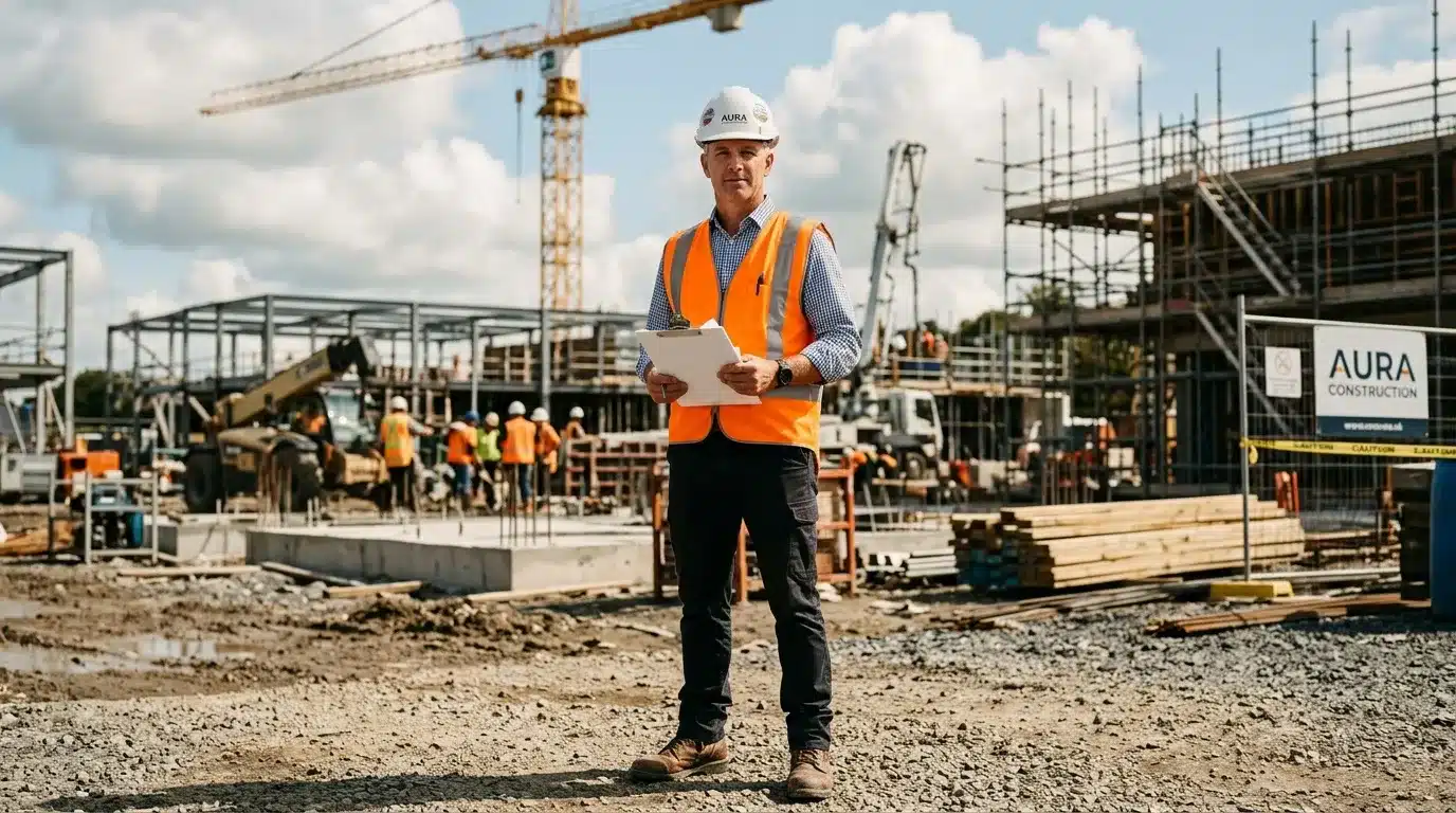 Homme en gilet orange supervisant un chantier de construction