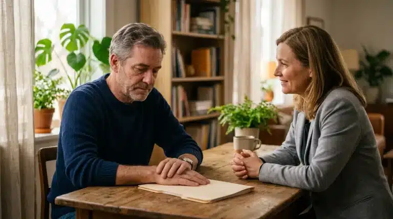 Homme et femme discutent à table avec document