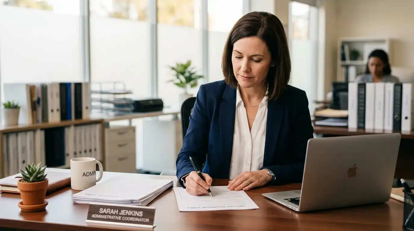 Femme administratrice écrivant à son bureau d'office