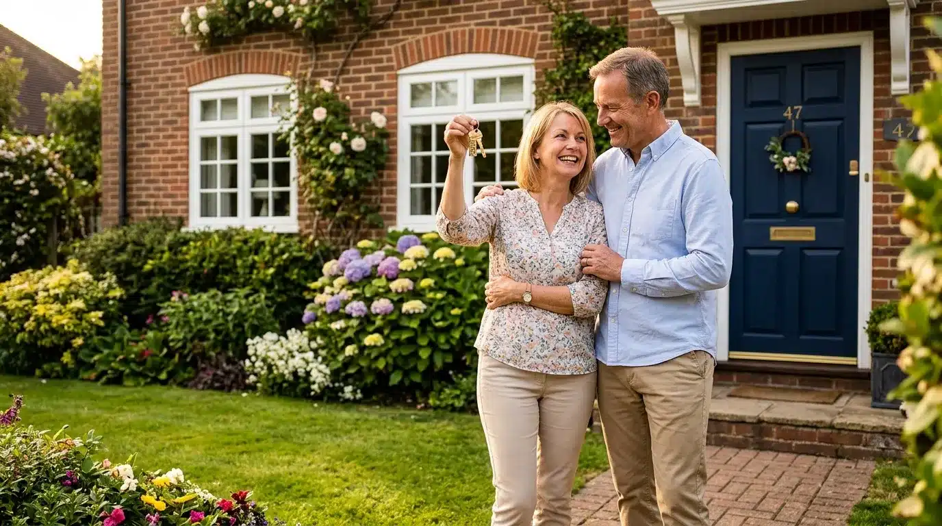 Couple souriant tenant une clé devant maison en brique