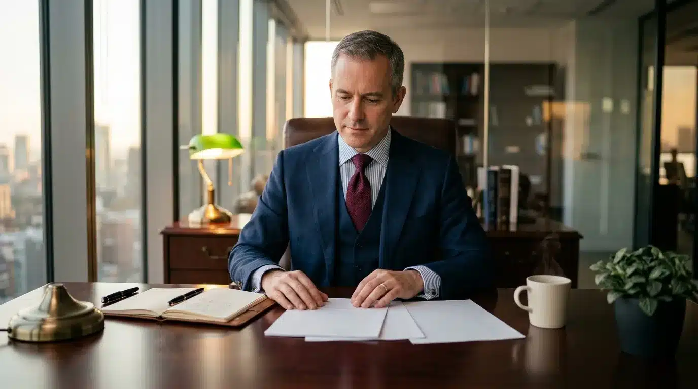 Homme d'affaires en costume bleu travaillant à son bureau