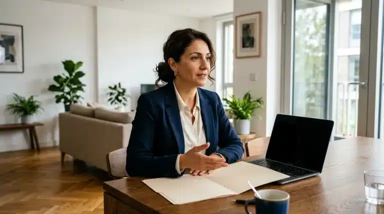 Femme en blazer bleu travaillant à son ordinateur portable