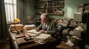 Homme âgé écrivant à son bureau entouré de livres et archives