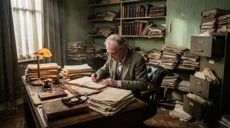 Homme âgé écrivant à son bureau entouré de livres et archives