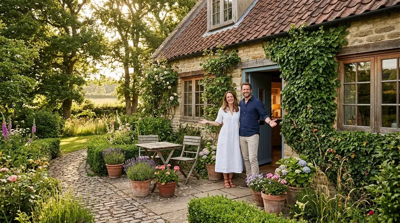 Couple devant maison en pierre avec lierre et jardin