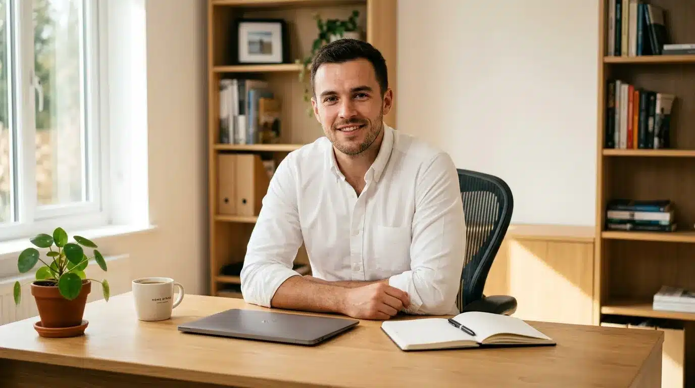 Homme en chemise blanche souriant à son bureau professionnel