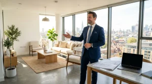 Agent immobilier présente appartement haut standing avec vue panoramique