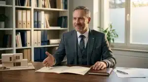 Homme d'affaires en costume présentant projet immobilier