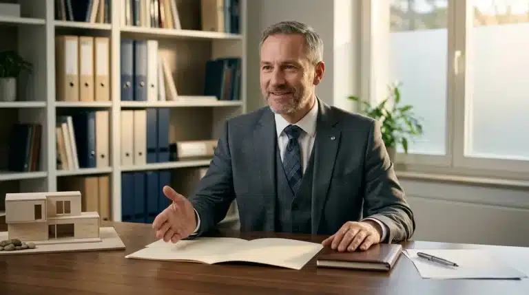 Homme d'affaires en costume présentant projet immobilier