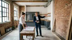 Deux professionnels discutent plans rénovation cuisine loft