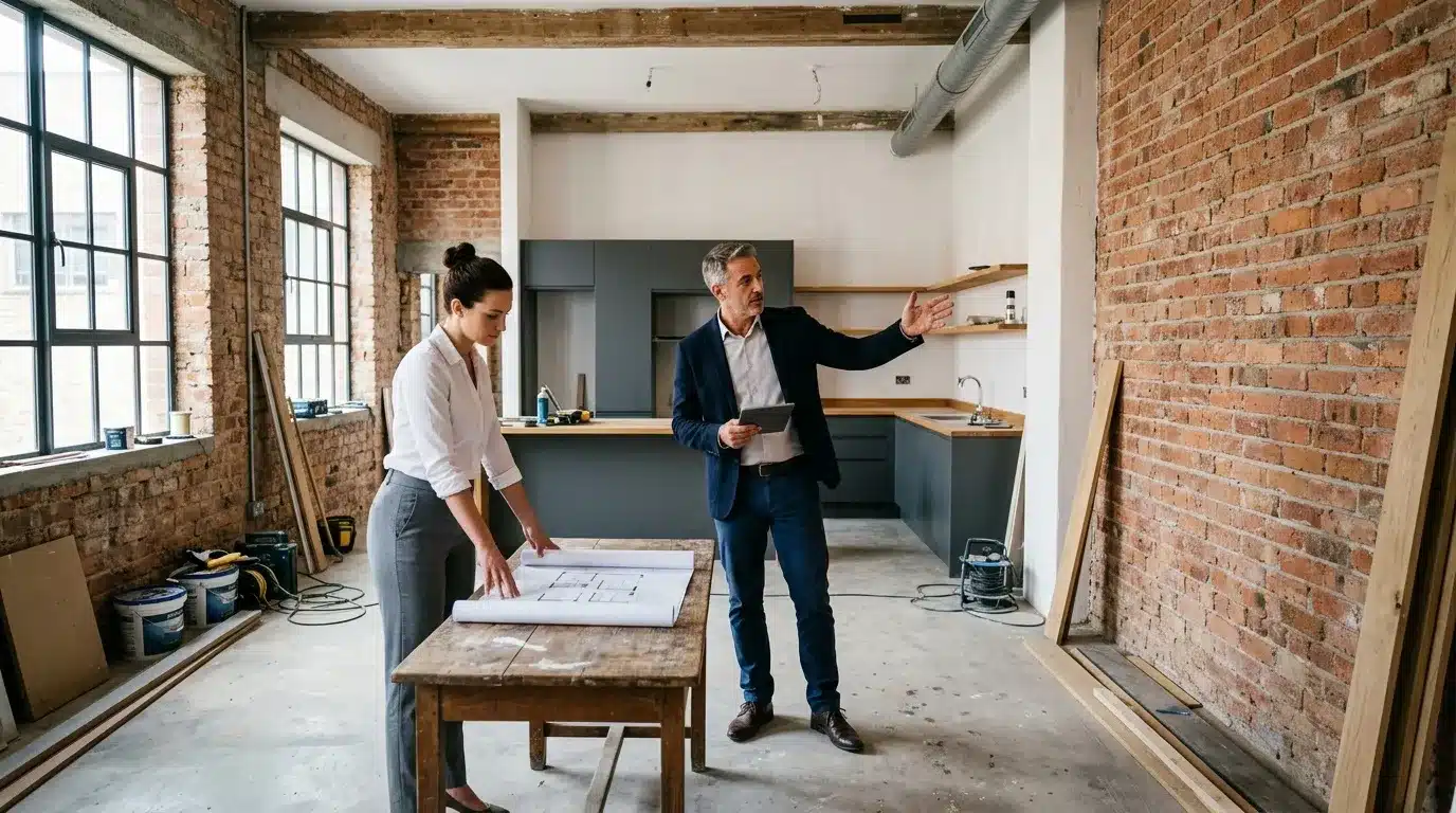 Deux professionnels discutent plans rénovation cuisine loft