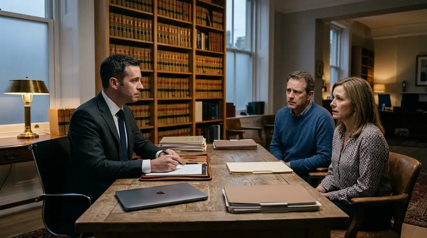 Trois professionnels discutent dans une bibliothèque juridique