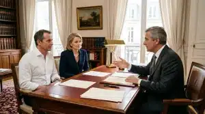 Trois personnes en discussion formelle autour d'un bureau